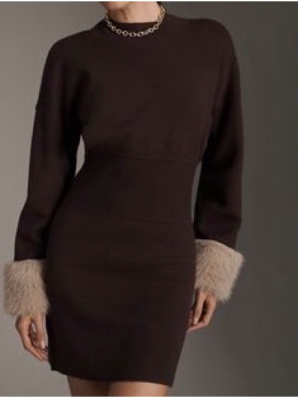 Anthropologie Brown Long-Sleeve Sheath Dress with Faux-Fur Cuffs